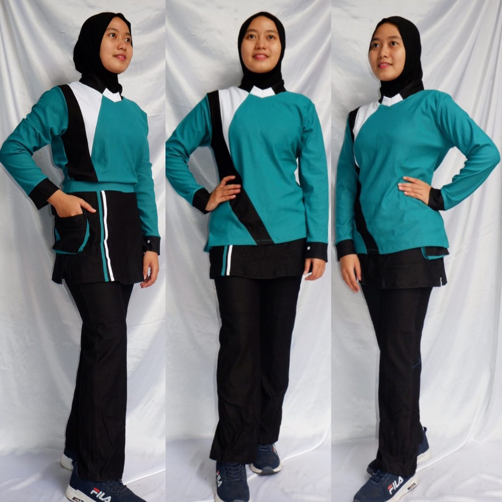 setelan baju senam wanita celana rok kantong bahan denim spandex katun