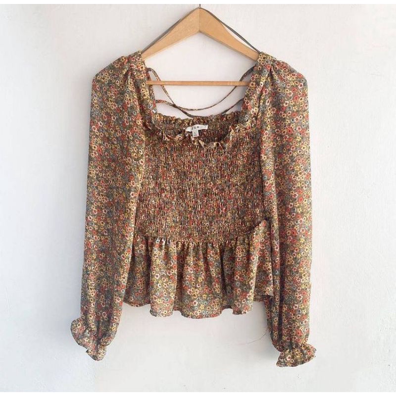 Blouse Wanita Floral Smock Lengan Panjang Peplum Korean Style Motif Bunga Aesthetic