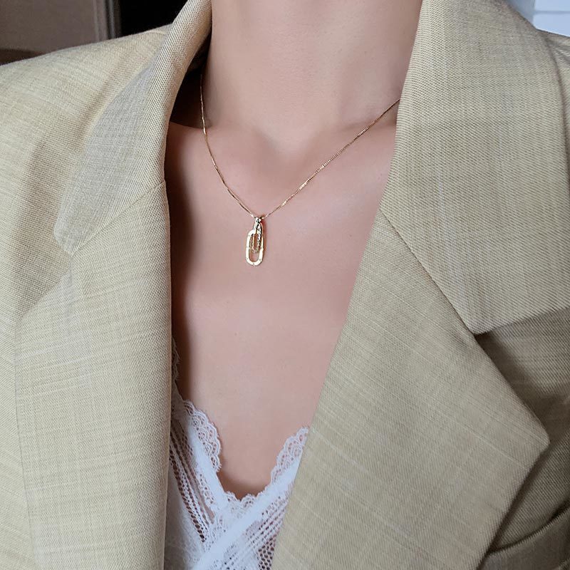 Kalung Rantai Dengan Liontin Cincin Ganda Oval Untuk Sweater