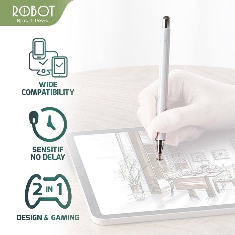 ROBOT RSP01 Universal 2 in 1 Capacitive Stylus Pen for Mobile and Tablet PC White - Garansi 1 Thn