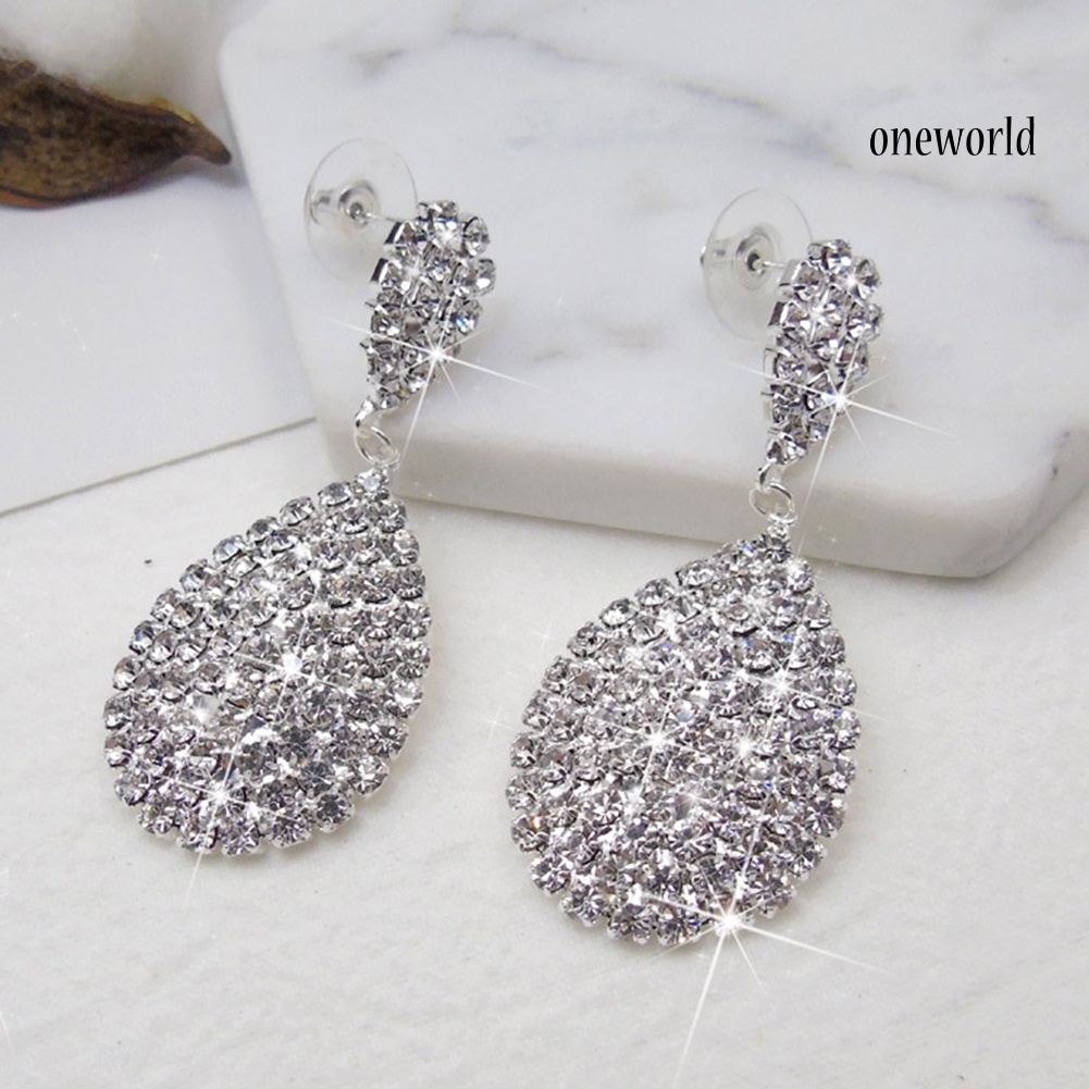 OW@ Women Fashion Rhinestone Waterdrop Dangle Stud Earrings Wedding Party Jewelry