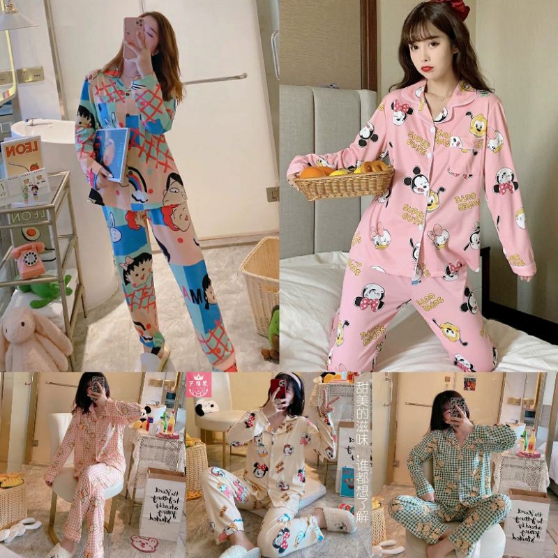 RULIF Set Piyama Baju tidur lengan panjang | Piyama PP wanita import krah kancing