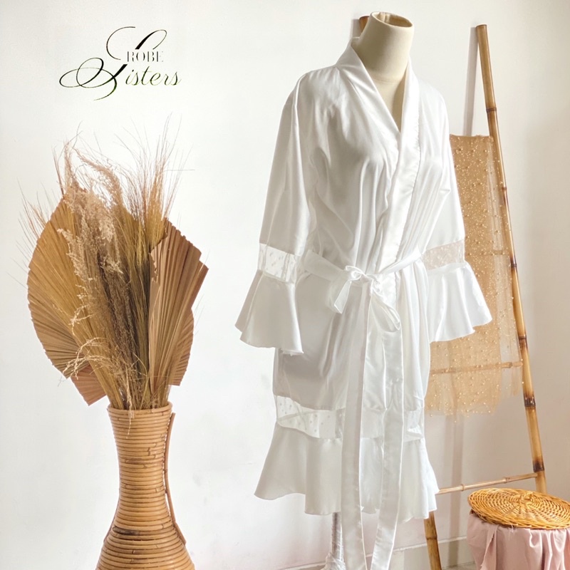 kimono wedding dotty ruffle robes pengantin/night gown/ piyama/ bridesmaid robes/ maternity photosho