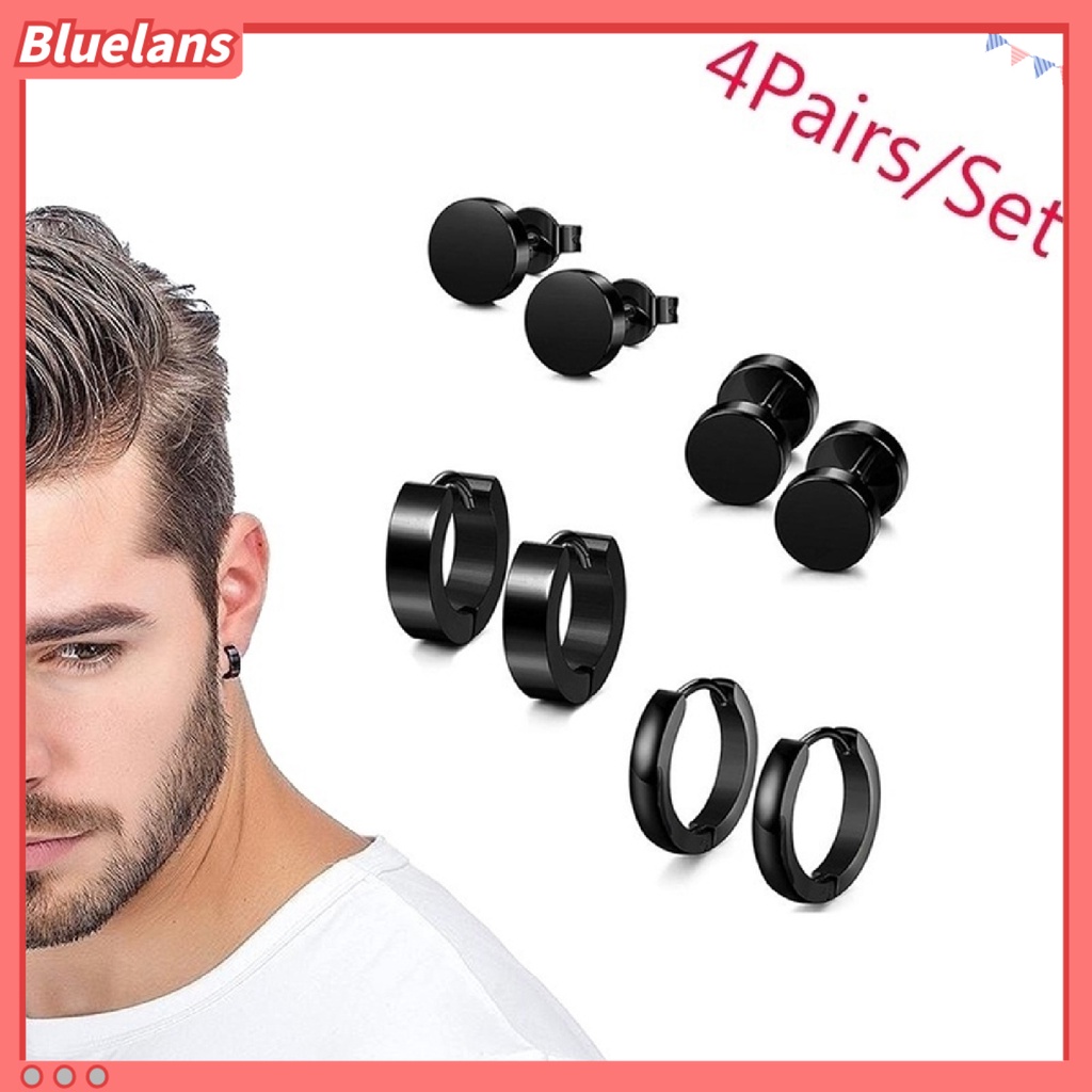 Bluelans 4 Pairs Earrings Set Safe Popular Stainless Steel Stainless Steel Dumbbell Ear Stud for Men