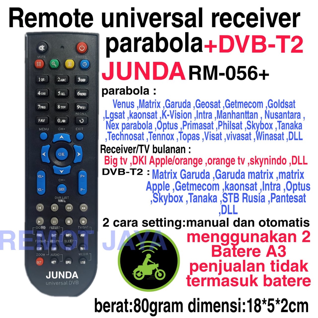 REMOTE UNIVERSAL RECEIVER PARABOLA / STB / SET TOP BOX BERBAGAI MEREK JUNDA 056 PLUS