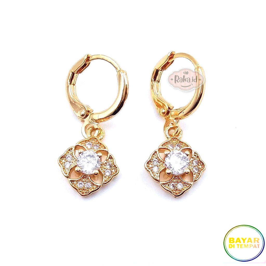 Anting Clip / Klip Motif Mata Satu Segiempat Mas Gold Perhiasan Aksesoris Wanita 958