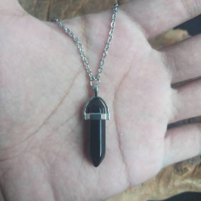 Kalung Liontin Pendulum Batu Hitam Black Onyx Asli Alam Natural untuk Pria Wanita Cowok Cewek Keren