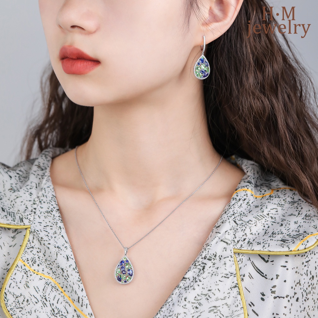 Set Anting Kait Gantung Panjang Hias Batu Sapphire Multi Warna Untuk Wanita