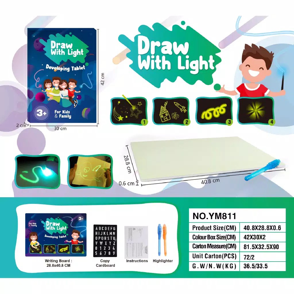 

Mainan anak papan tulis led, papan nyala Mainan edukasi Draw with light A4 papan tulis dengan lampu