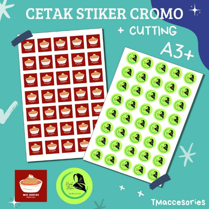 

CETAK STIKER CROMO LOGO USAHA JUALAN A3+ CUTTING BULAT KOTAK / STICKER MURAH KEMASAN