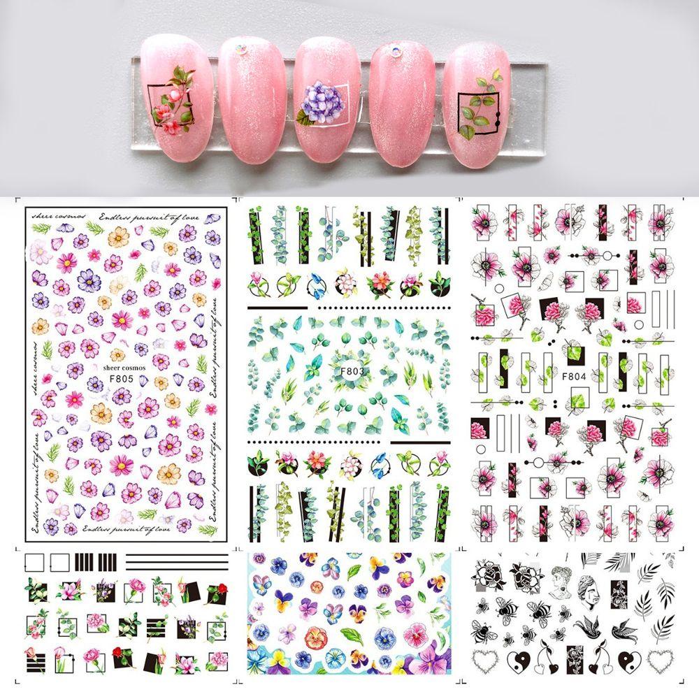 AUGUSTINA Agustina Musim Semi Bunga Nail Art Stiker Perekat Diri Warna-Warni Menawan Wanita Daun Hijau Mawar Valentine Bunga DIY Manicure Accesorios