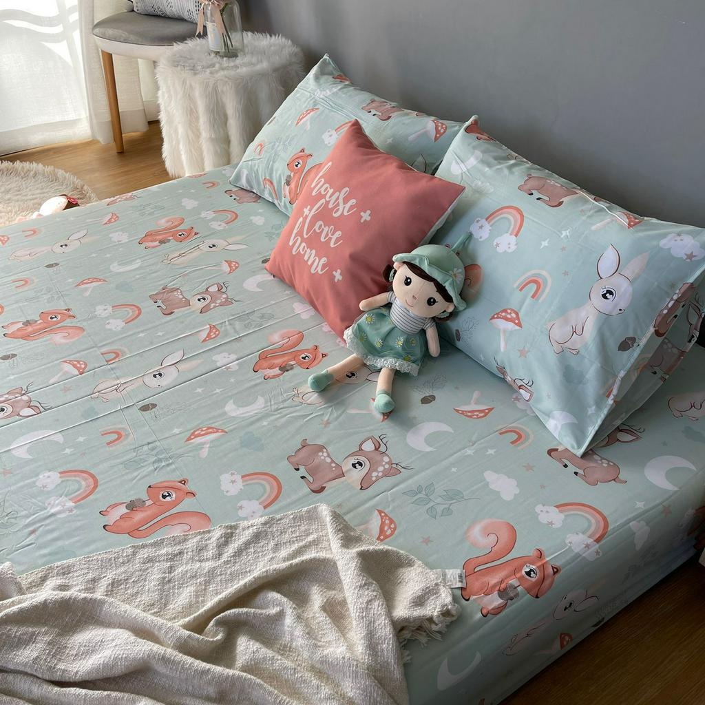 KAINKU - Sprei Anti Geser Katun premium No 1 Shopee | Motif Anak Alphine Park &amp; Funny Animals | 90 100 120 160 180x200