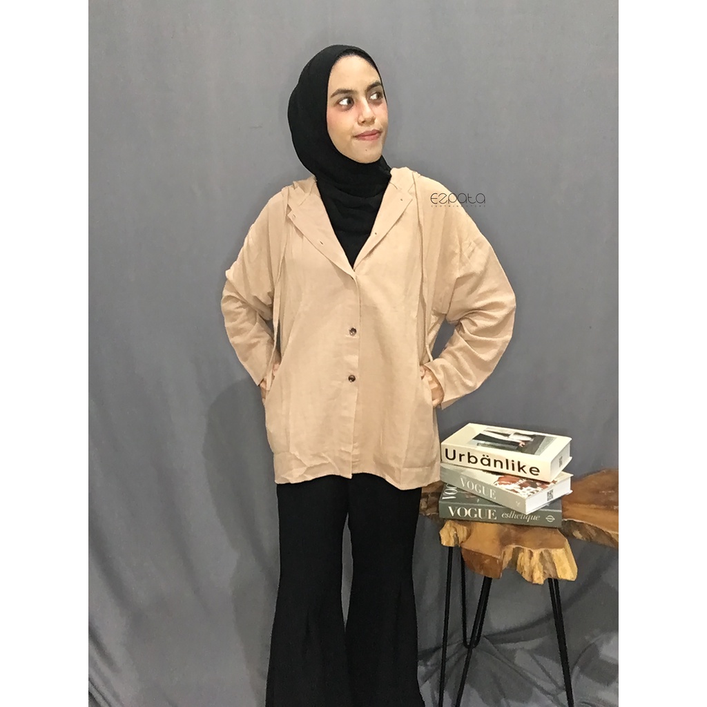 Ezpata Atasan Kemeja Outer Hoodie Wanita Polos Full kancing XL BB 50-80kg LD 114cm Bahan Katun Linen