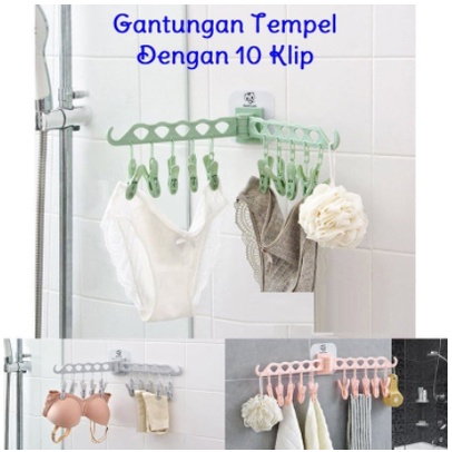 Gantungan Tempel 10 Jepit - Gantungan Jemuran Kaos Kaki Tempel Wall Drying Clip