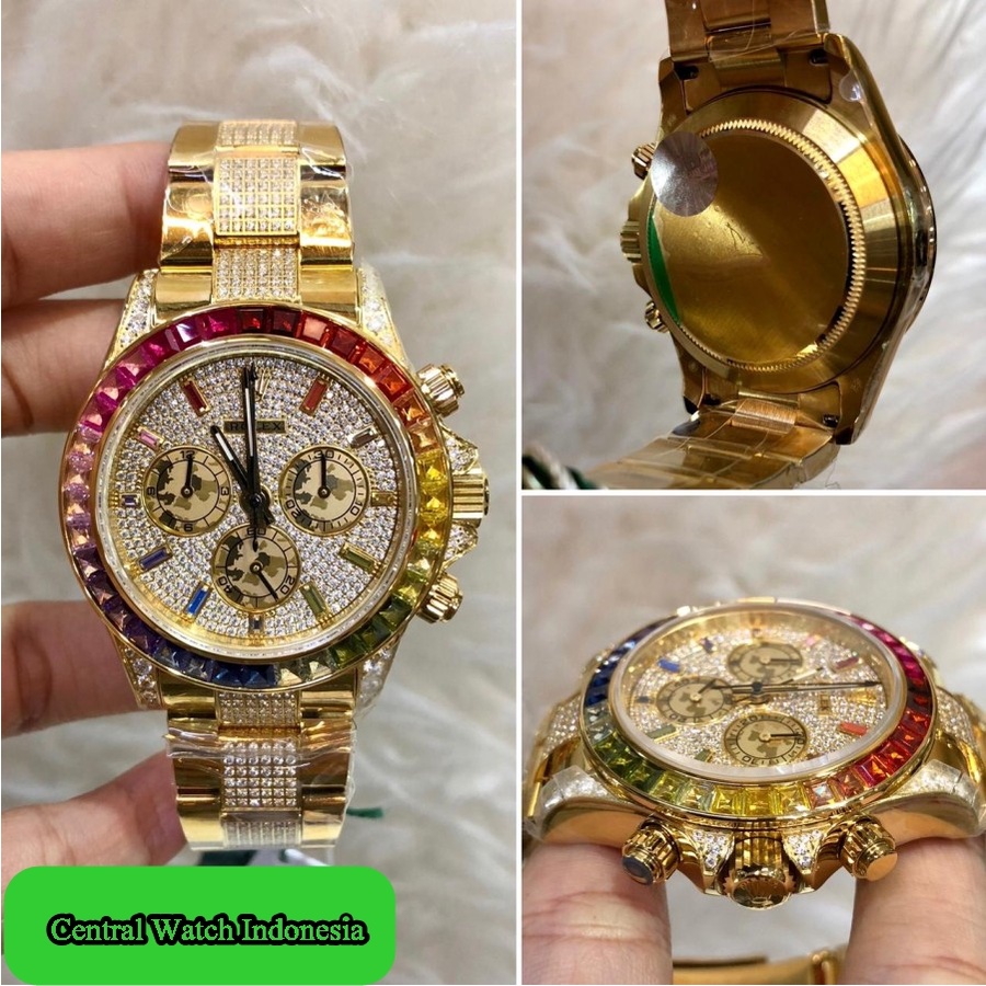 New Arrival Jam Import Rolex Daytona Rainbow Diamond Gold Edisi Terbatas Garansi 1th
