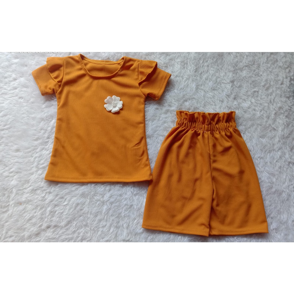 Setelan Anak Perempuan Knit Mango Waffle Ruffle Lengan pendek Setelan Kulot anak cewek knit 1-5 th babyrib-4