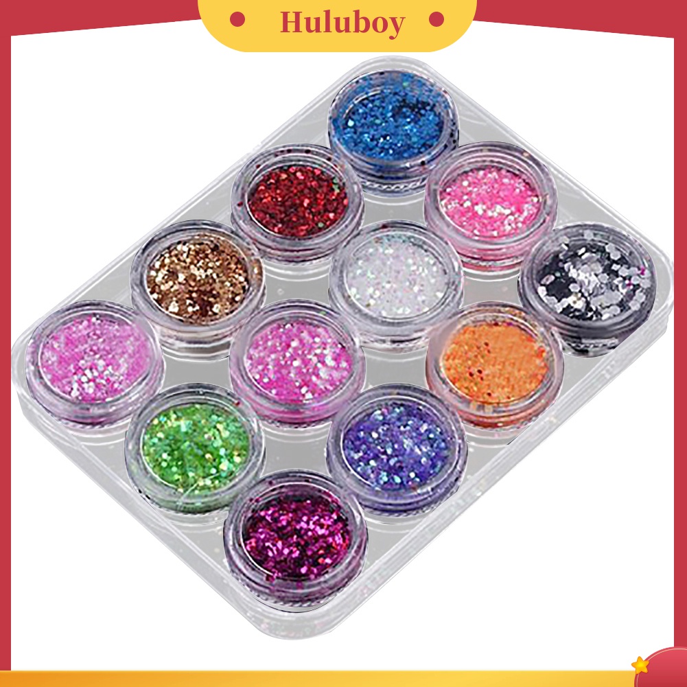 Huluboy Huluboy♡ Set Bubuk Payet Glitter Akrilik UV Gel 12 Warna Untuk Dekorasi Nail Art