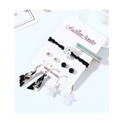 LRC Perhiasan Set Fashion Black Diamond Pearl Resin Geometric Earring Hair Clip Set Y64120