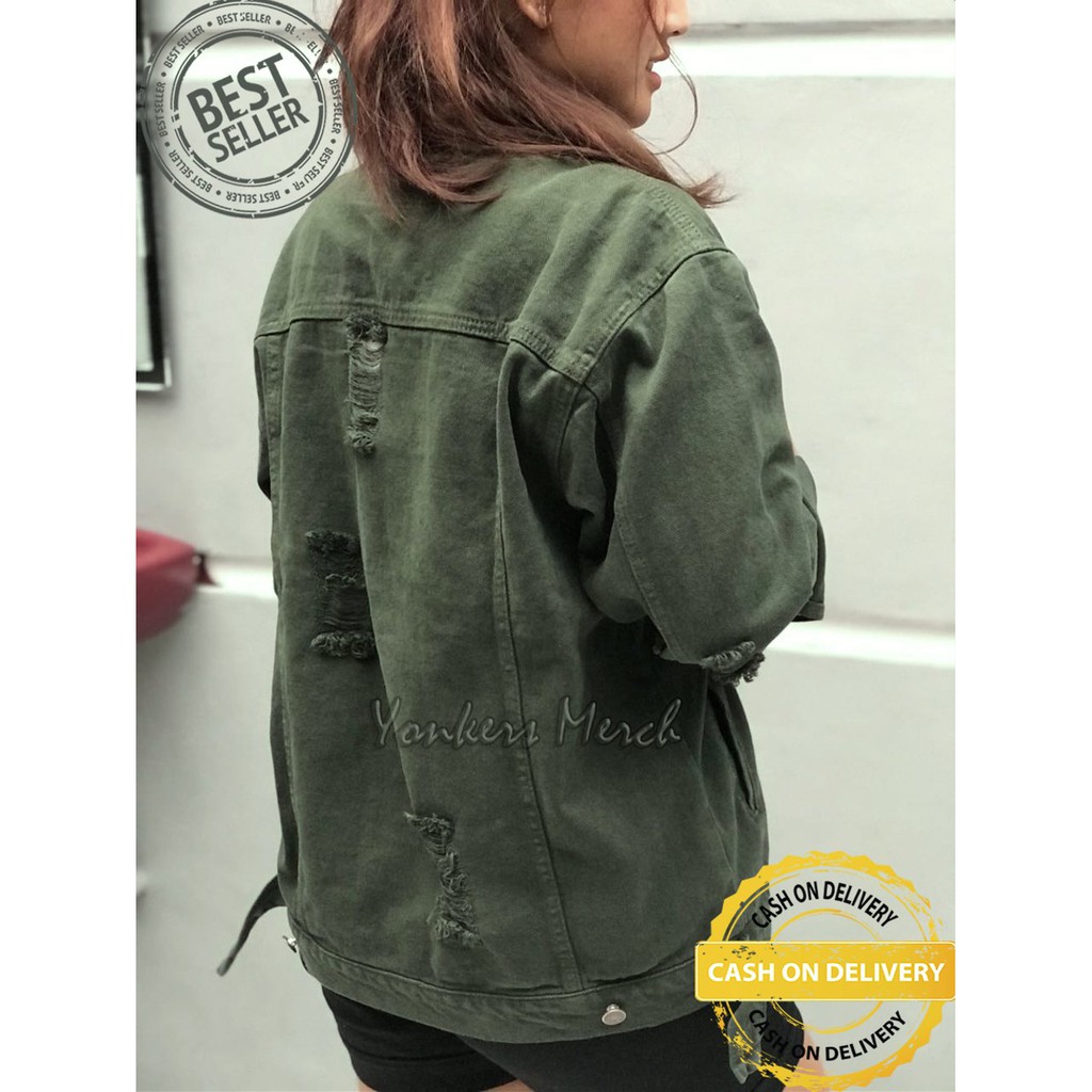 Jaket Jeans Denim Oversize Wanita  - Hijau Army Sobek terlaris