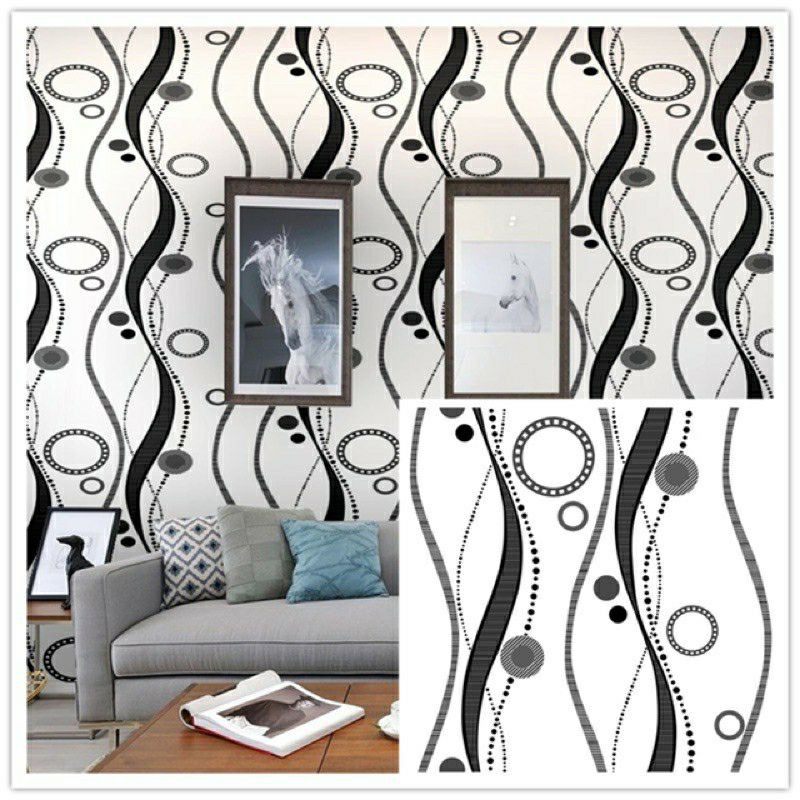 Wallpaper Sticker Dinding Motif Ulir Polkadot Hitam Panjang 10Meter x lebar 45cm