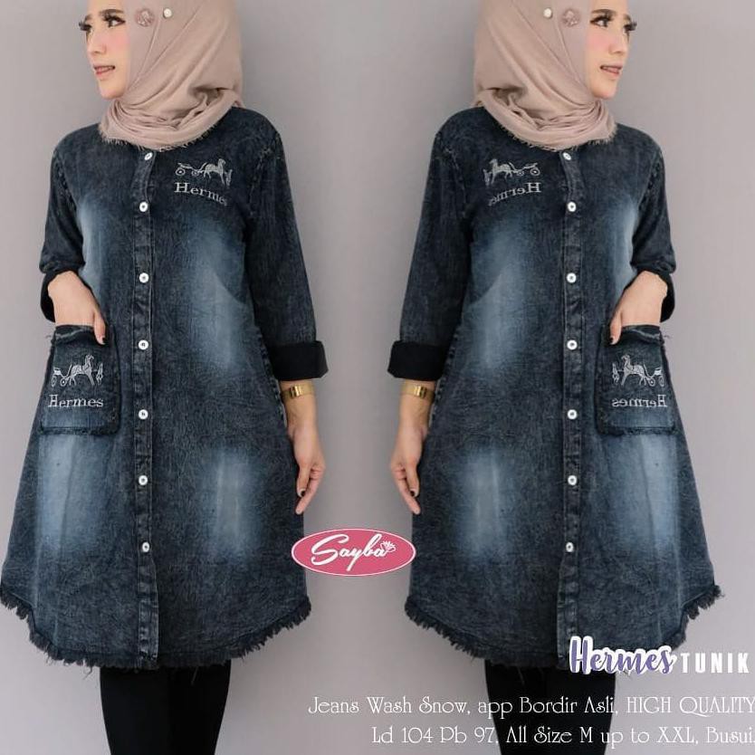 {Original} (Bisa COD) Long Tunik Jeans Wanita Model Terbaru / Baju Muslim / Fashion Wanita / Helma