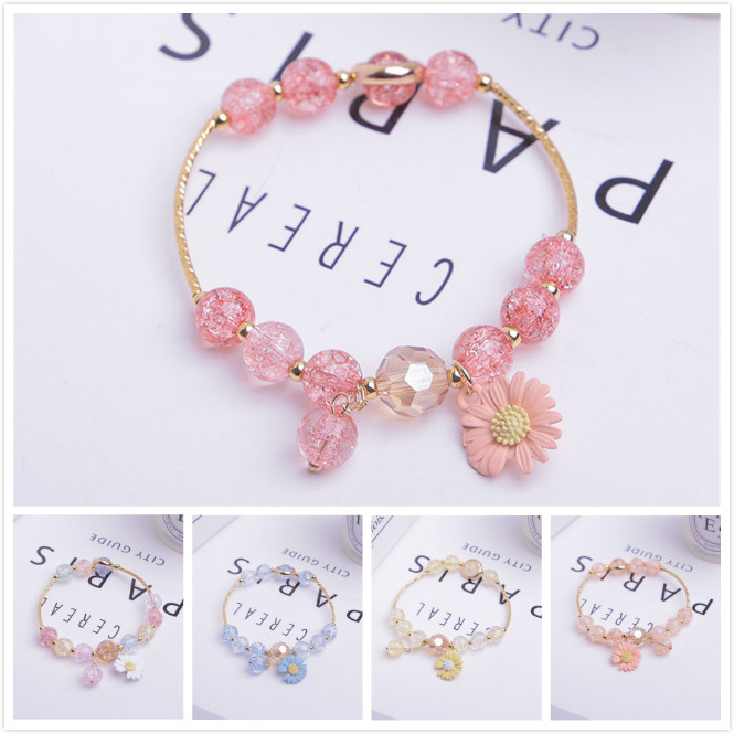 【COD Tangding】Crystal Bracelet Daisy Pendant Bracelet Pink Yellow Blue Color for Girl Summer Accessory