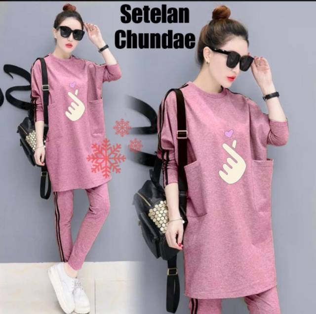 XC - Stelan CHUN DAE. / Stelan Wanita Motif Jari Hati / Stelan Casual Wanita / Ngetrend