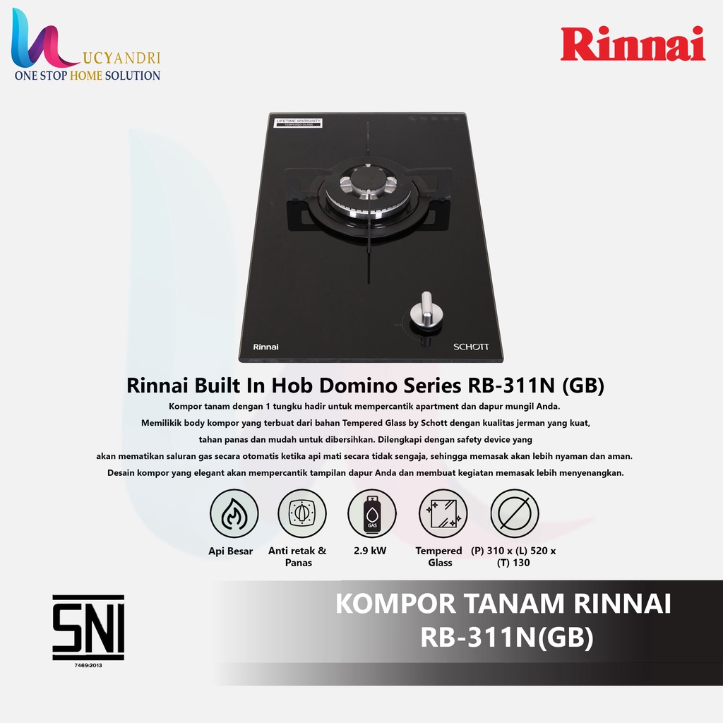 Kompor Rinnai Built In Hob Domino Series RB 311 NGB ORIGINAL