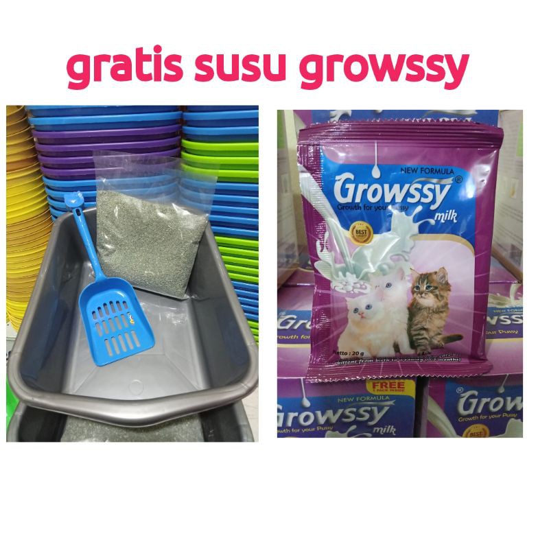 Paket Untuk Pup Kucing Bak Pasir,Serokan dan Pasir zeolit 1kg gratis Susu Kucing growssy