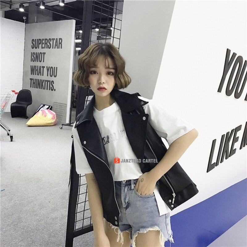 JNK x FEI - Rompi Kulit Sintetis Viena Hitam Punk Faux leather PU Jacket Synthetic Premium Elegan Trendy Import Cewek Perempuan Modern Baru Rompi Vest Pengendara Sepeda Motor Imitasi Zipper Retsleting Jaket Tanpa Lengan Musim Gugur Musim Dingin Oversize