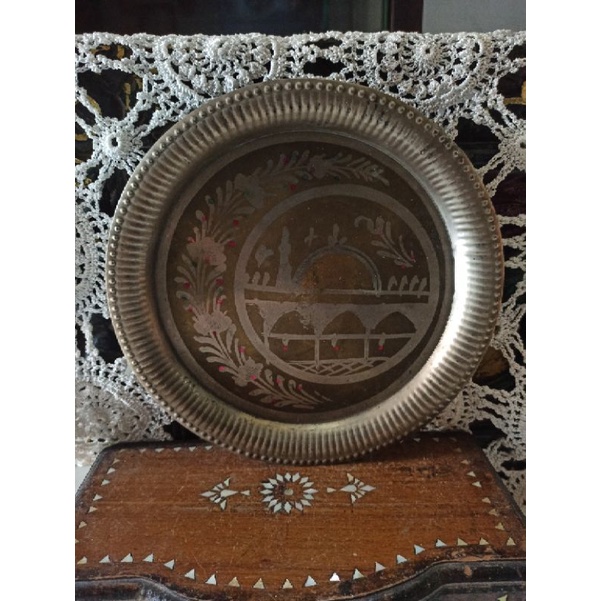 Piring tua Nampan Antik kuningan Jadul Lukisan handpaint India 22 cm