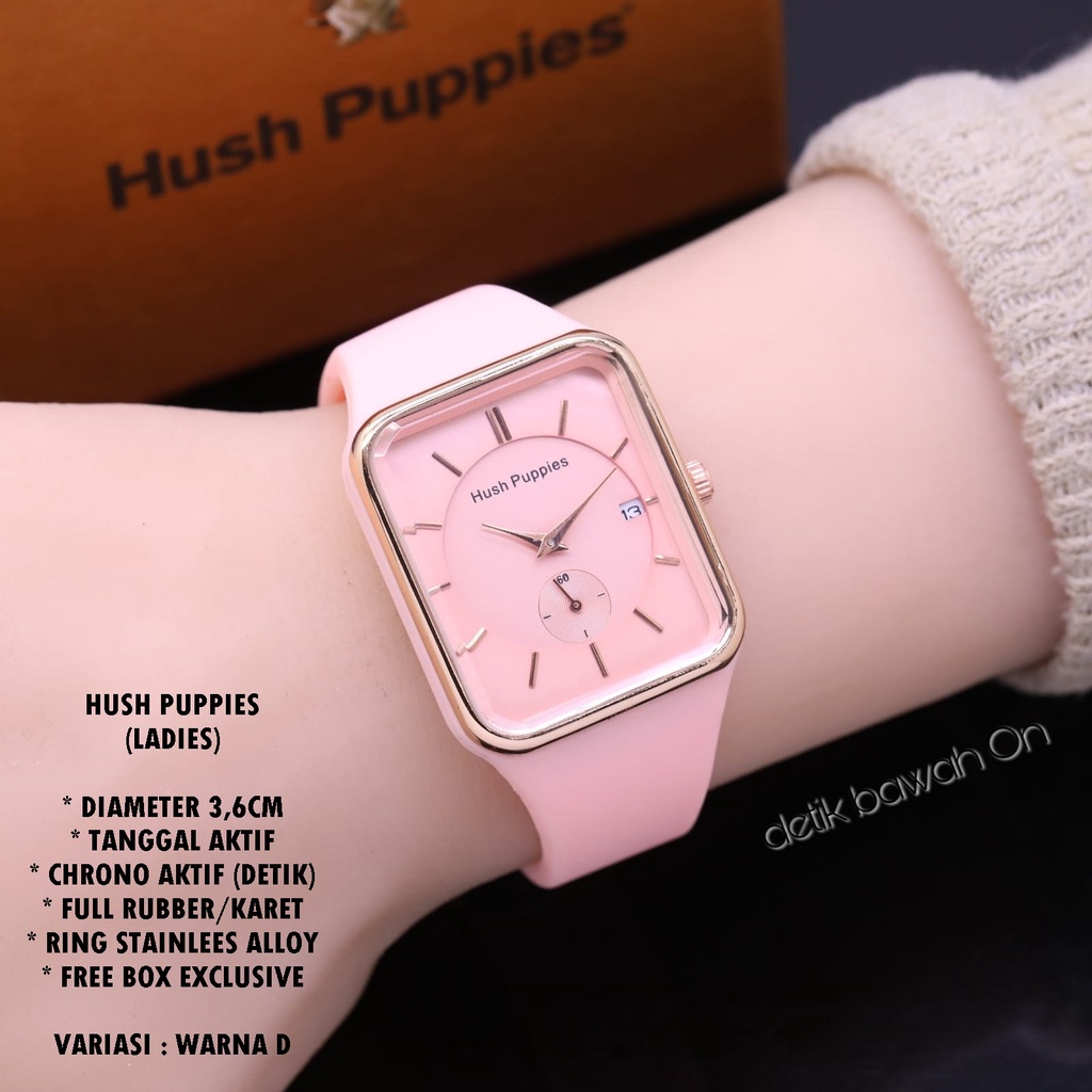 JAM TANGAN WANITA HUSH PUPPIES TALI RUBBER BODY SEGI  TANGGAL &amp; CHRONO AKTIF