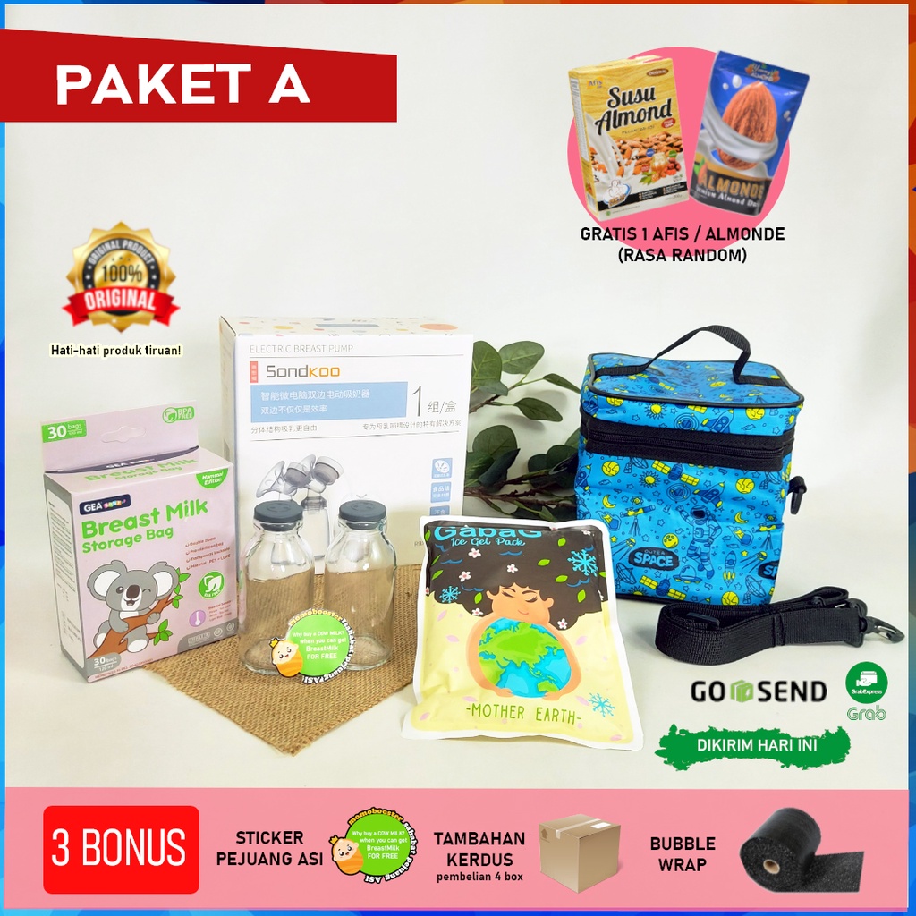 [TERLARIS] Paket A Pompa ASI Elektrik Double + Tas + Kantong ASI + Botol Kaca + Ice Gel GABAG