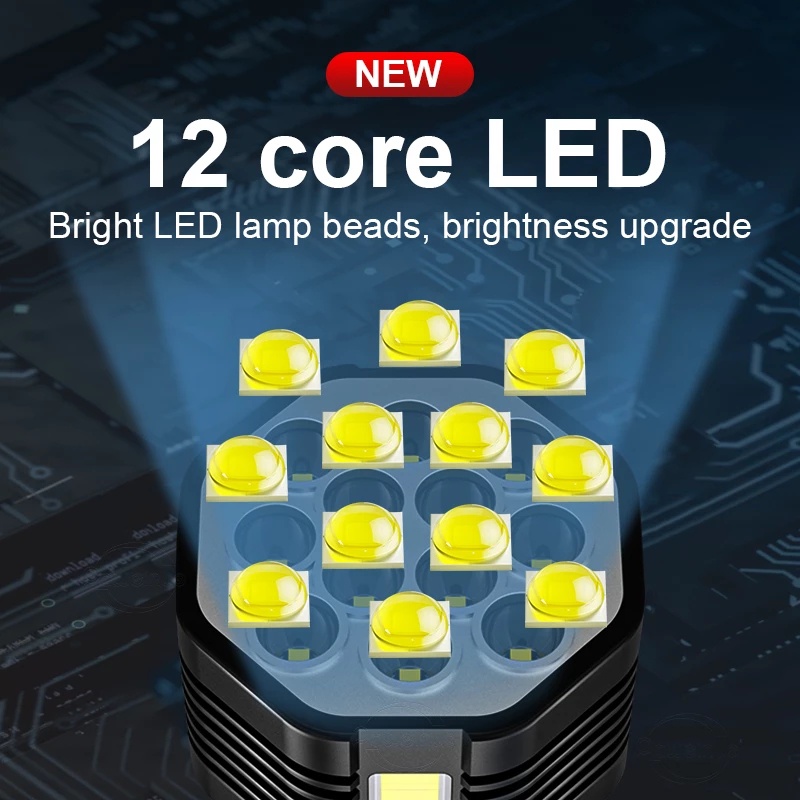 Lampu Senter 12 Led 4 Mode Super Terang Anti Air Charge USB Untuk Camping