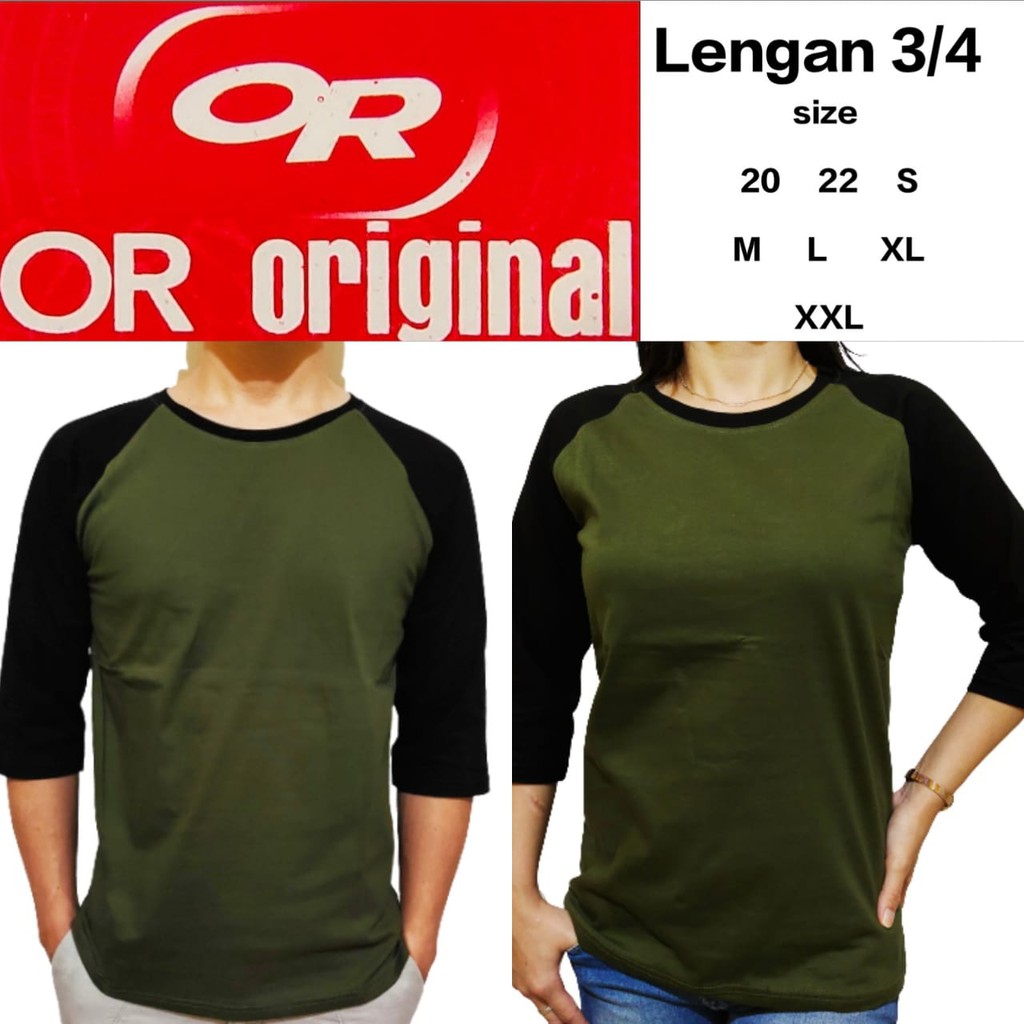 Kaos Polos Reglan Hijau Army Lengan Hitam 3/4 20 22 S  M L XL XXL