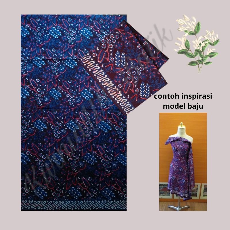 Kain Batik Cap Warna Ungu Tua Motif Putih Biru