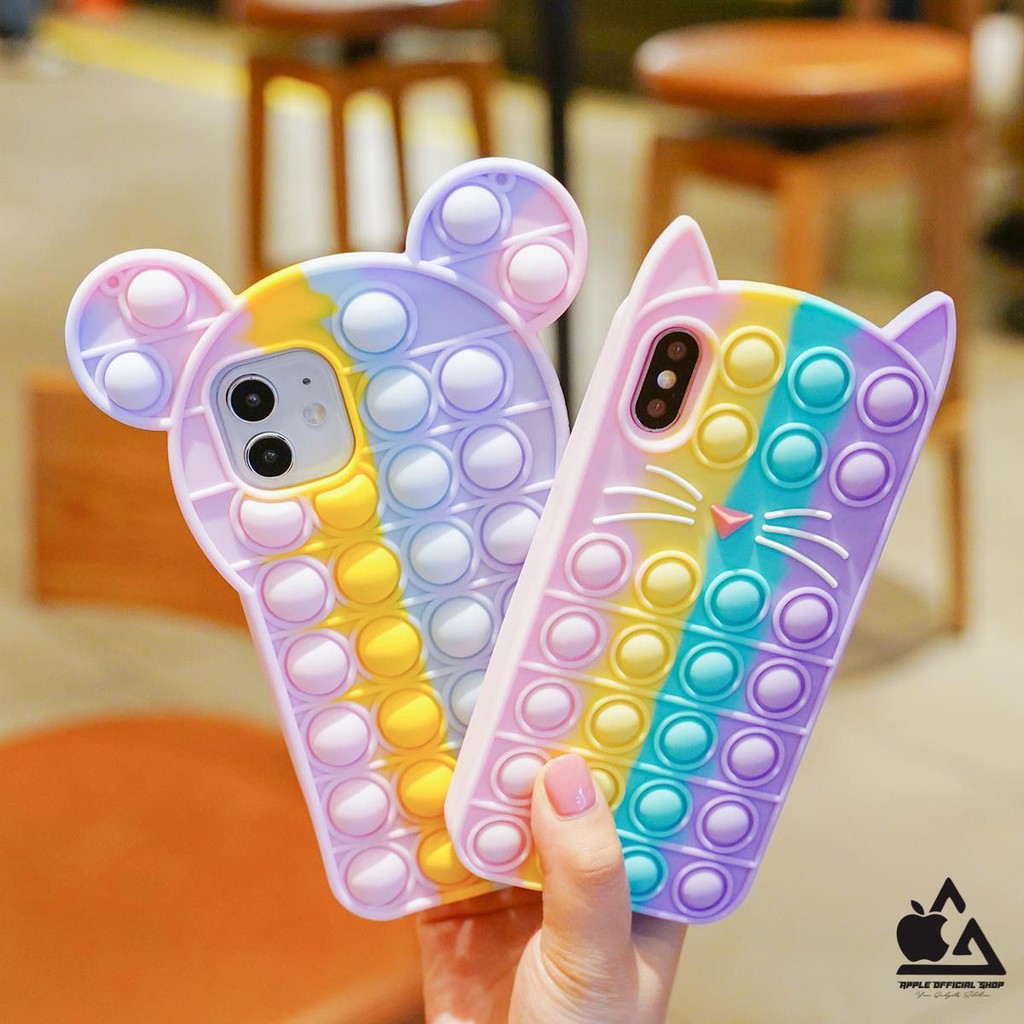 Silikon Case Lucu POP IT iPhone 6 XR X/XS 11 11PRO 12 12PRO Rainbow 3D Bunny Cat Mickey Push Bubble Fidge