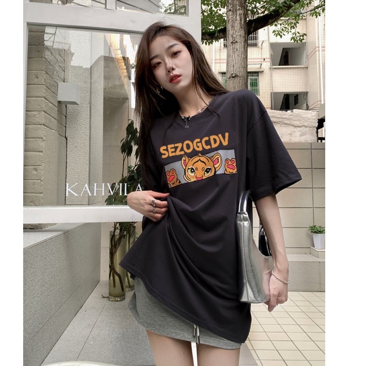 baju oversize wanita korean style cetakan binatang kaos hitam retro