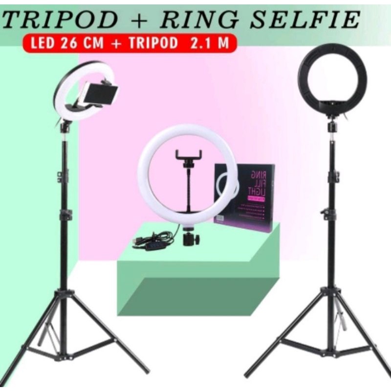 LAMPU RING LIGHT + TRIPOD 210M LAMPU SELFIE CAHAYA TERANG 3 MODE  CAHAYA 26CM