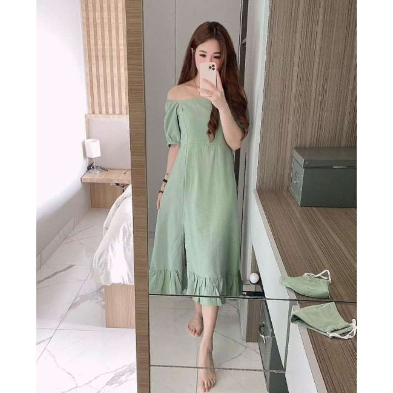 Kode 1399 Dress Midi Linen Hijau Abu