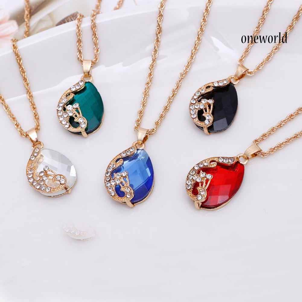 OW@ Women Jewelry Set Shiny Water-Drop Shape Rhinestone Necklace Earrings Ring Gift