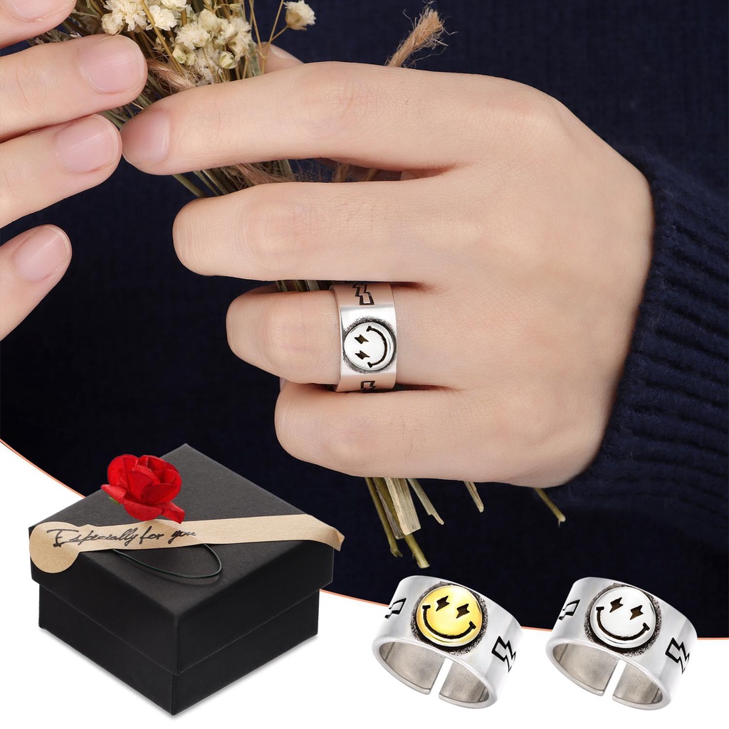 Lily 1/2PCS Smiley Face Cincin Couple Terbuka Vintage Jari Rantai