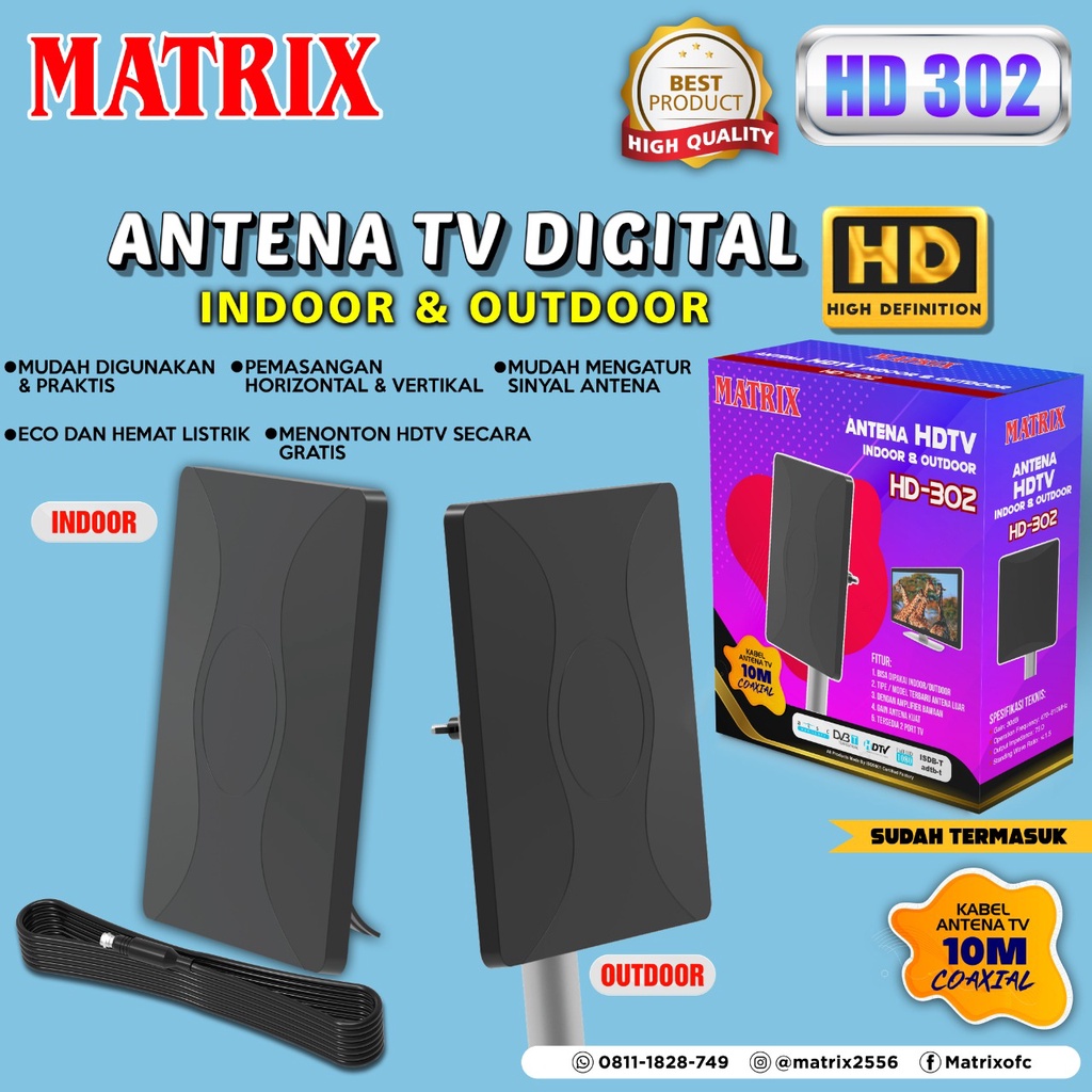 MATRIX ANTENA TV DIGITAL LUAR RUANGAN / DALAM RUANGAN / OUTDOOR / INDOOR DIGITAL SUPER JERNIH ANTENNA BOOSTER DAN POWER INSERTER + KABEL 10 METER