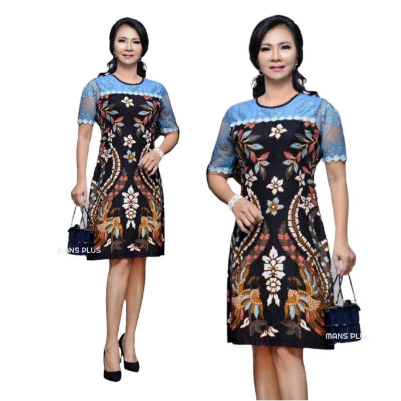 Dress Batik Jumbo Modern 4L-5L Kombinasi Brokat Terusan Batik Big Size XXXL Seragam Batik Couple NGT-Br