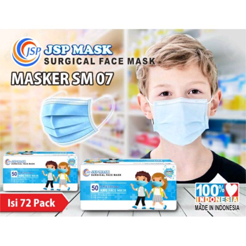 JSP Mask SM07 Masker Anak Medis 3Ply 1 Box Isi 50Pcs Depkes