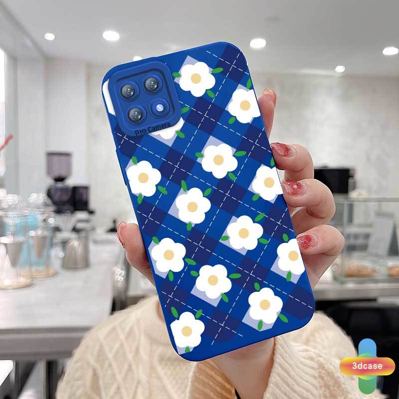 Soft Case Realme C11 2021 C21Y C15 C21 C25 C20 C3 C12 C25S 5 5S 5i C17 7i C1 C25Y C2 C3i 6i C20A realme Narzo 20 10 10A 20A 30A Klein Blue Plaid White Flower Anti-fall Case