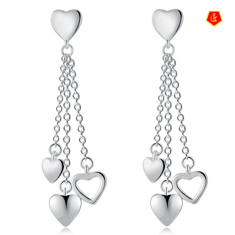 [Ready Stock]925 Silver Long Hanging Three Heart-Shaped Tassel Earrings