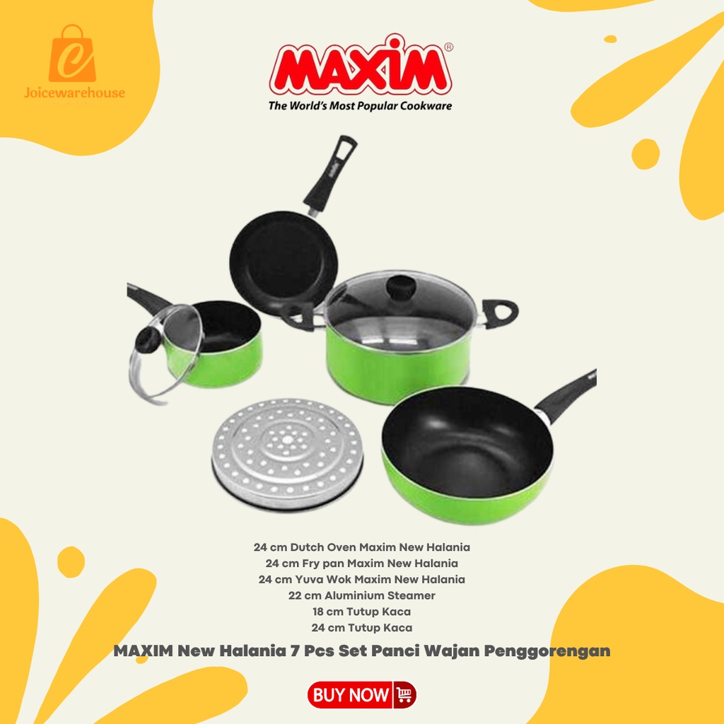 MAXIM New Halania 7 Pcs Set Panci Wajan Penggorengan Wok Teflon Anti Lengket + Sarangan + Tutup Kaca