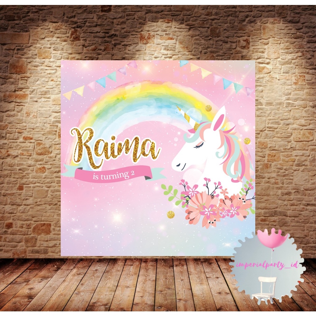 Jual custom backdrop banner spanduk happy birthday unicorn rainbow