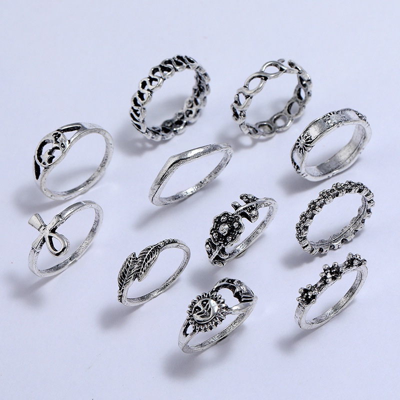 [11Pcs Set Fashion Vintage Simple Geometric Sun Moon Flower Leaf Rings For Women] [ Elegant Ladies Smooth Fine Thin Finger Ring] [Lovely Jewelry Gifts For Girl Friends]